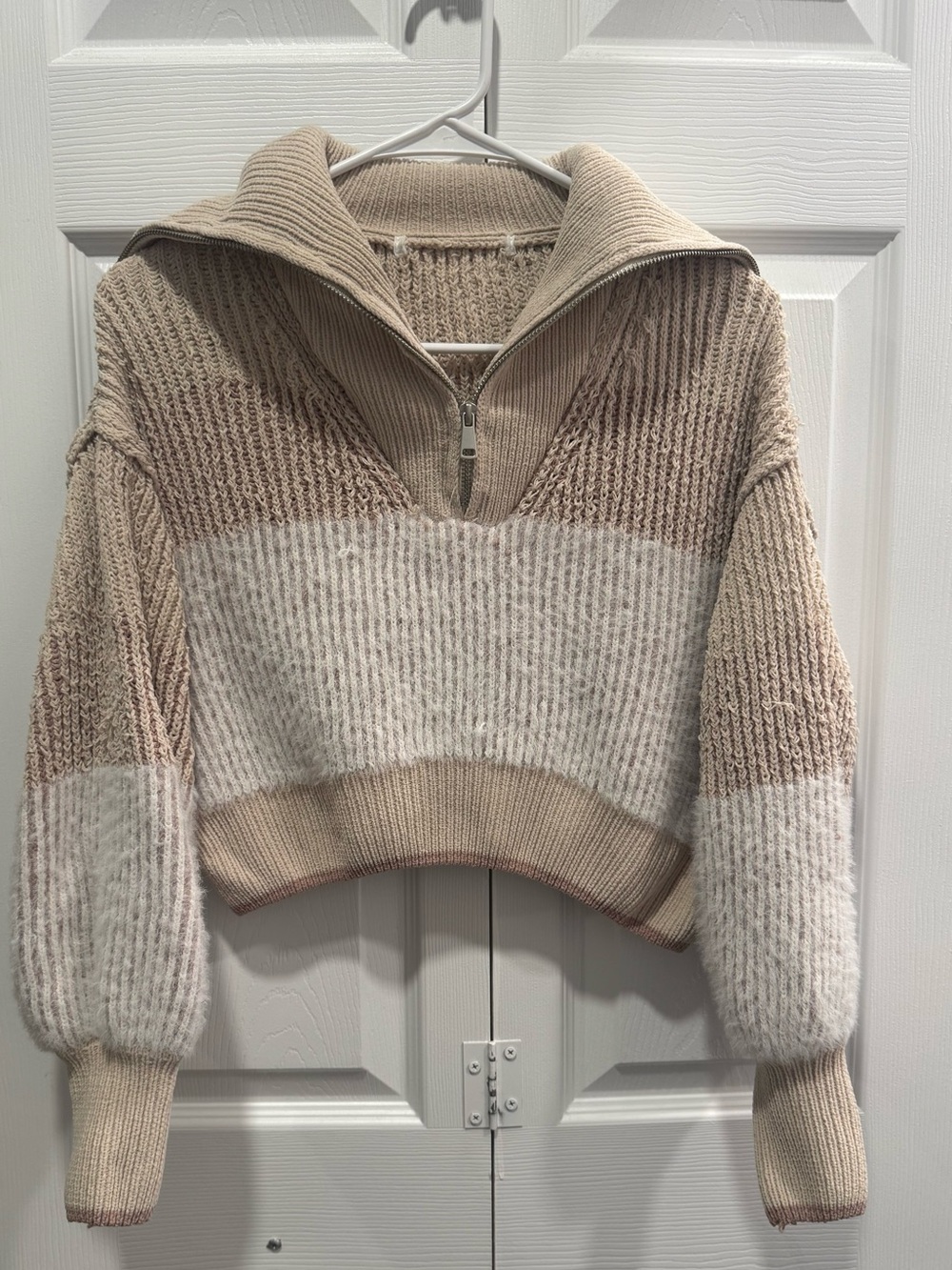 Altar'd State Beige and Cream Cropped Half‑Zip Turtleneck Sweater
